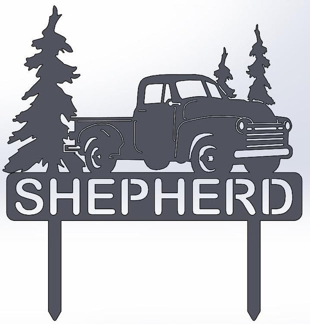 Vintage Truck With Trees & Name Stake